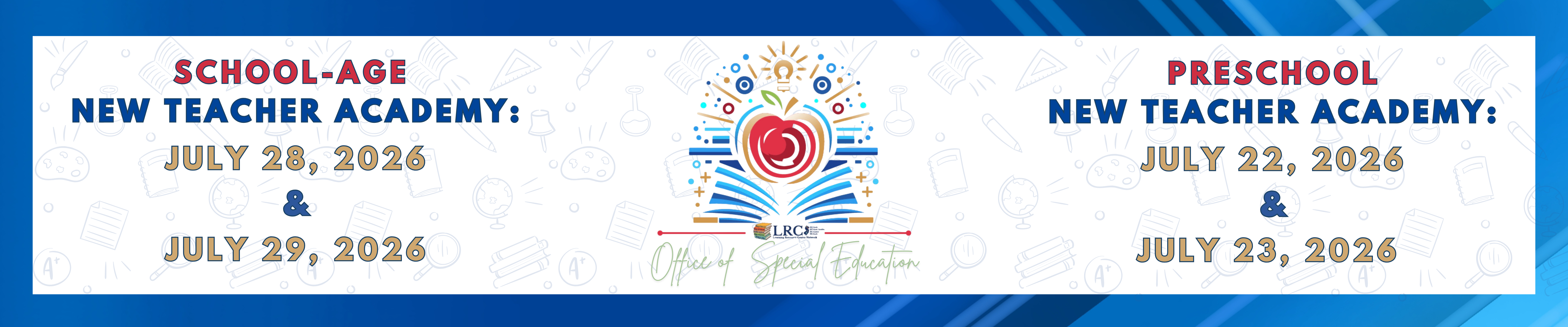 The new teacher academy logo in the middle on a white background with a blue border.
